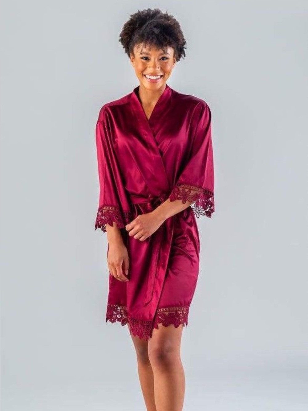 Satin Lace Trim Robe - Burgundy
